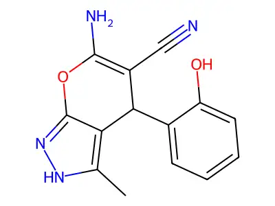6-amino-4-(2-hydroxyphenyl)-3-methyl-1,4-dihydropyrano[2,3-c]pyrazole-5-carbonitrile structure