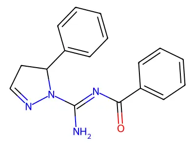 N-[amino-(3-phenyl-3,4-dihydropyrazol-2-yl)methylidene]benzamide structure