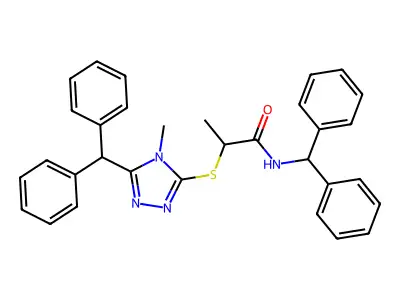 N-benzhydryl-2-[(5-benzhydryl-4-methyl-1,2,4-triazol-3-yl)sulfanyl]propanamide structure