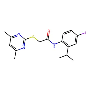 2-(4,6-dimethylpyrimidin-2-yl)sulfanyl-N-(4-iodo-2-propan-2-ylphenyl)acetamide structure