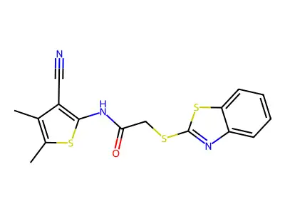 2-(1,3-benzothiazol-2-ylsulfanyl)-N-(3-cyano-4,5-dimethyl-2-thienyl)acetamide structure