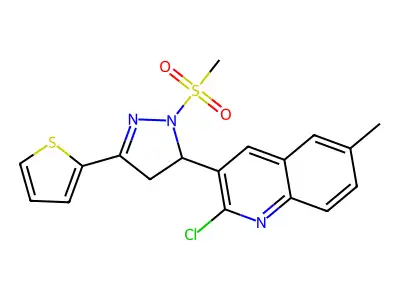 2-chloro-6-methyl-3-(2-methylsulfonyl-5-thiophen-2-yl-3,4-dihydropyrazol-3-yl)quinoline structure