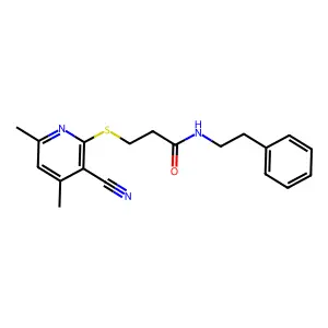 3-((3-cyano-4,6-dimethylpyridin-2-yl)thio)-N-phenethylpropanamide structure