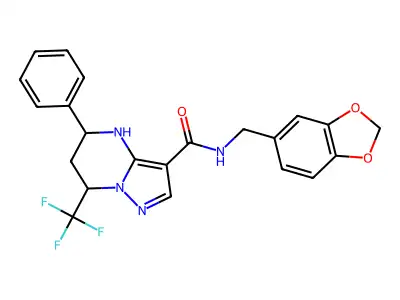 N-(1,3-benzodioxol-5-ylmethyl)-5-phenyl-7-(trifluoromethyl)-4,5,6,7-tetrahydropyrazolo[1,5-a]pyrimidine-3-carboxamide structure