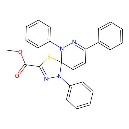 methyl 1,6,8-triphenyl-4-thia-1,2,6,7-tetraazaspiro[4.5]deca-2,7,9-triene-3-carboxylate structure