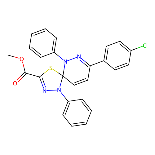 methyl 8-(4-chlorophenyl)-1,6-diphenyl-4-thia-1,2,6,7-tetraazaspiro[4.5]deca-2,7,9-triene-3-carboxylate structure