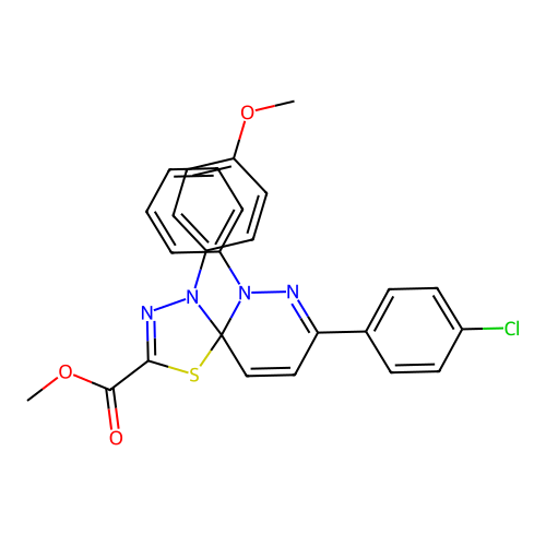 methyl 8-(4-chlorophenyl)-1-(4-methoxyphenyl)-6-phenyl-4-thia-1,2,6,7-tetraazaspiro[4.5]deca-2,7,9-triene-3-carboxylate structure
