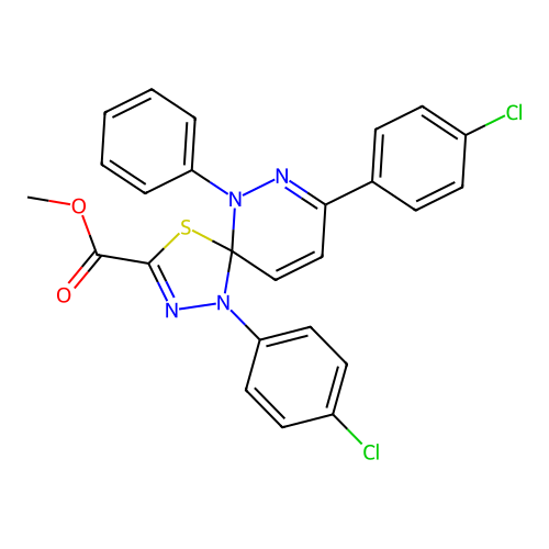 methyl 1,8-bis(4-chlorophenyl)-6-phenyl-4-thia-1,2,6,7-tetraazaspiro[4.5]deca-2,7,9-triene-3-carboxylate structure