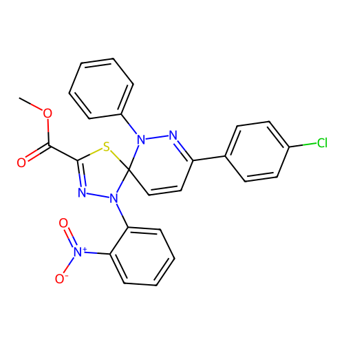 methyl 8-(4-chlorophenyl)-1-(2-nitrophenyl)-6-phenyl-4-thia-1,2,6,7-tetraazaspiro[4.5]deca-2,7,9-triene-3-carboxylate structure