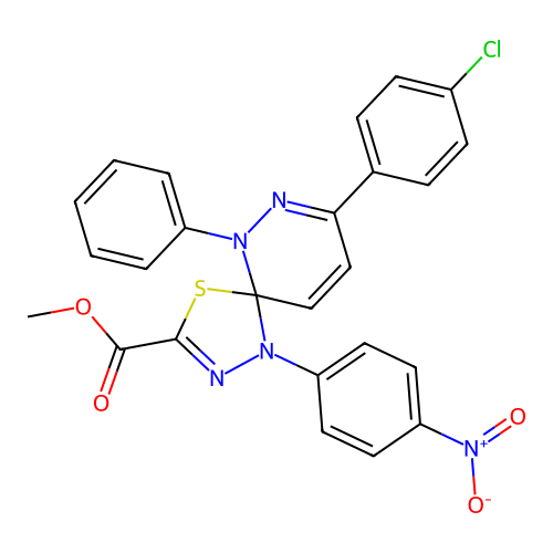 methyl 8-(4-chlorophenyl)-1-(4-nitrophenyl)-6-phenyl-4-thia-1,2,6,7-tetraazaspiro[4.5]deca-2,7,9-triene-3-carboxylate structure