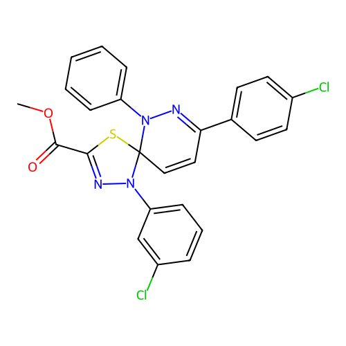 methyl 1-(3-chlorophenyl)-8-(4-chlorophenyl)-6-phenyl-4-thia-1,2,6,7-tetraazaspiro[4.5]deca-2,7,9-triene-3-carboxylate structure