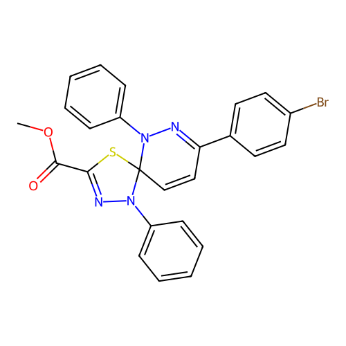 methyl 8-(4-bromophenyl)-1,6-diphenyl-4-thia-1,2,6,7-tetraazaspiro[4.5]deca-2,7,9-triene-3-carboxylate structure