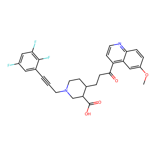 (3R,4R)-4-[3-(6-methoxyquinolin-4-yl)-3-oxo-propyl]-1-[3-(2,3,5-trifluoro-phenyl)-prop-2-ynyl]-piperidine-3-carboxylic acid structure