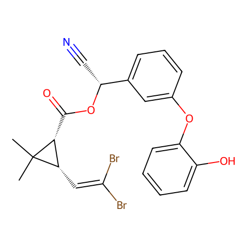 Cyclopropanecarboxylic acid, 3-(2,2-dibromoethenyl)-2,2-dimethyl-, cyano(3-(2-hydroxyphenoxy)phenyl)methyl ester, (1R-(1alpha(S*),3alpha))- structure