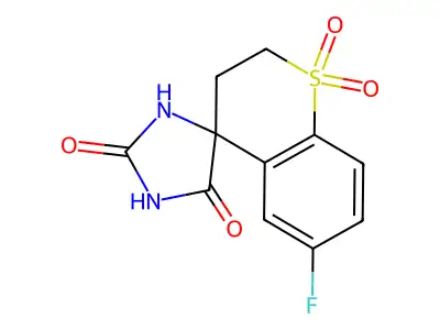 6'-fluoro-2',3'-dihydro-2H,5H-spiro[imidazolidine-4,4'-thiochromene]-2,5-dione 1',1'-dioxide structure