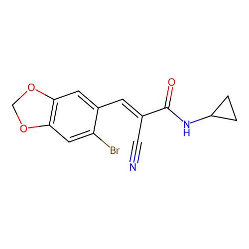 (E)-3-(6-bromo-1,3-benzodioxol-5-yl)-2-cyano-N-cyclopropylprop-2-enamide structure