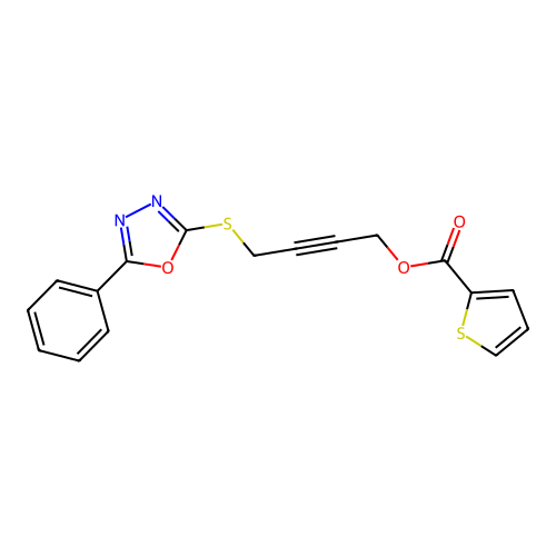 4-[(5-Phenyl-1,3,4-oxadiazol-2-yl)sulfanyl]but-2-yn-1-yl thiophene-2-carboxylate structure