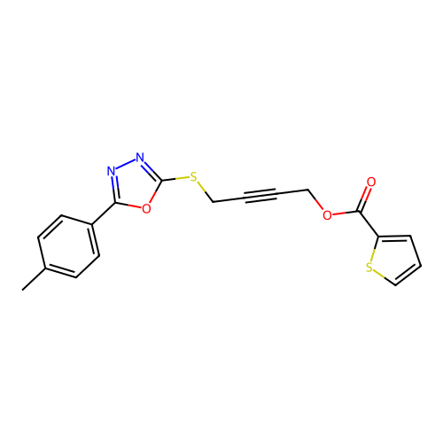 4-{[5-(4-methylphenyl)-1,3,4-oxadiazol-2-yl]sulfanyl}but-2-yn-1-yl thiophene-2-carboxylate structure