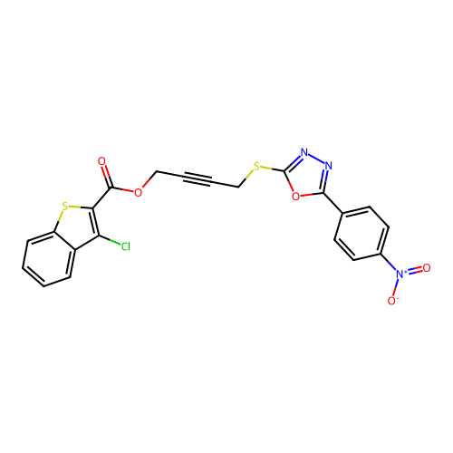 4-{[5-(4-nitrophenyl)-1,3,4-oxadiazol-2-yl]sulfanyl}but-2-yn-1-yl 3-chloro-1-benzothiophene-2-carboxylate structure