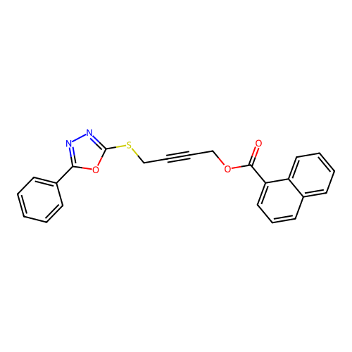 4-[(5-phenyl-1,3,4-oxadiazol-2-yl)sulfanyl]but-2-yn-1-yl naphthalene-1-carboxylate structure