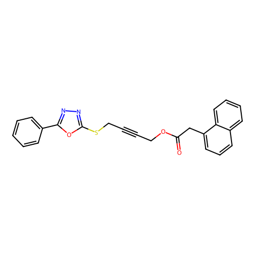 4-[(5-Phenyl-1,3,4-oxadiazol-2-yl)sulfanyl]but-2-yn-1-yl naphthalen-1-ylacetate structure