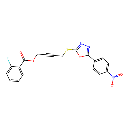 4-{[5-(4-nitrophenyl)-1,3,4-oxadiazol-2-yl]sulfanyl}but-2-yn-1-yl 2-fluorobenzoate structure