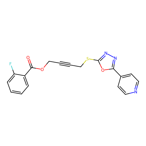 4-((5-(pyridin-4-yl)-1,3,4-oxadiazol-2-yl)thio)but-2-yn-1-yl 2-fluorobenzoate structure