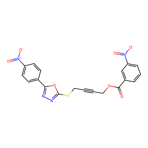 4-[[5-(4-nitrophenyl)-1,3,4-oxadiazol-2-yl]sulfanyl]but-2-ynyl 3-nitrobenzoate structure