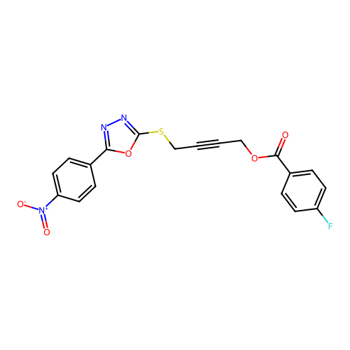 4-[[5-(4-nitrophenyl)-1,3,4-oxadiazol-2-yl]sulfanyl]but-2-ynyl 4-fluorobenzoate structure