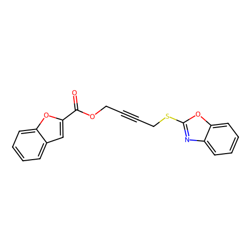 Benzofuran-2-carboxylic acid 4-(benzooxazol-2-ylsulfanyl)-but-2-ynyl ester structure