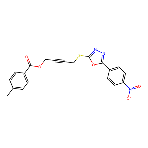 4-((5-(4-nitrophenyl)-1,3,4-oxadiazol-2-yl)thio)but-2-yn-1-yl 4-methylbenzoate structure