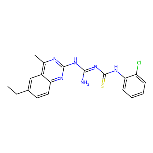 1-(2-chlorophenyl)-3-[N-(6-ethyl-4-methylquinazolin-2-yl)carbamimidoyl]thiourea structure
