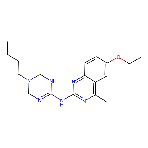 N-(5-butyl-1,4,5,6-tetrahydro-1,3,5-triazin-2-yl)-6-ethoxy-4-methylquinazolin-2-amine structure