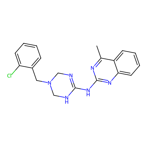 N-(5-(2-chlorobenzyl)-1,4,5,6-tetrahydro-1,3,5-triazin-2-yl)-4-methylquinazolin-2-amine structure