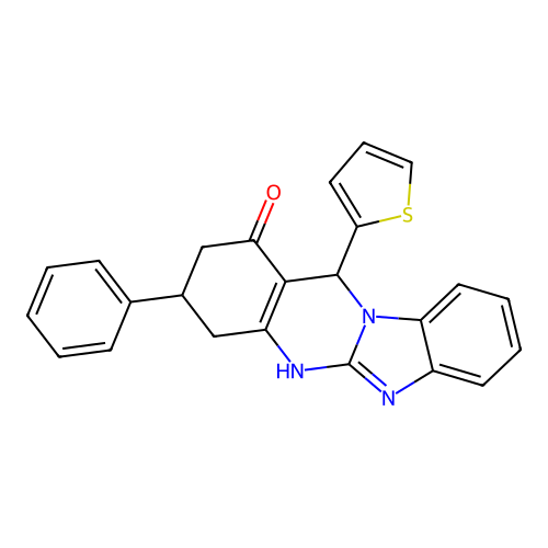 3-phenyl-12-(thiophen-2-yl)-3,4,5,12-tetrahydrobenzimidazo[2,1-b]quinazolin-1(2H)-one structure