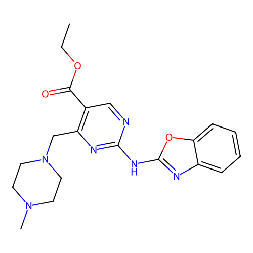 2-(Benzooxazol-2-ylamino)-4-(4-methyl-piperazin-1-ylmethyl)-pyrimidine-5-carboxylic acid ethyl ester structure