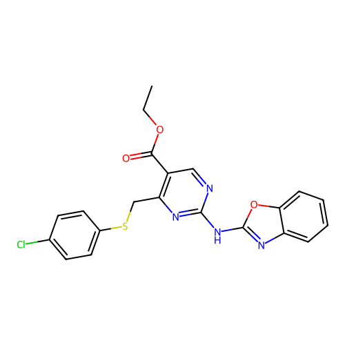 ethyl 2-(benzo[d]oxazol-2-ylamino)-4-(((4-chlorophenyl)thio)methyl)pyrimidine-5-carboxylate structure