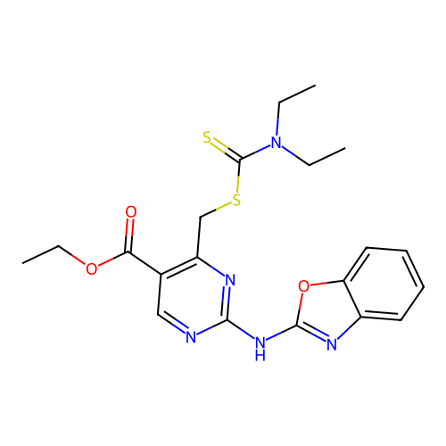2-(Benzooxazol-2-ylamino)-4-diethylthiocarbamoylsulfanylmethyl-pyrimidine-5-carboxylic acid ethyl ester structure