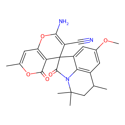 2-amino-8'-methoxy-4',4',6',7-tetramethyl-2',5-dioxo-5',6'-dihydro-4'H,5H-spiro[pyrano[4,3-b]pyran-4,1'-pyrrolo[3,2,1-ij]quinoline]-3-carbonitrile structure