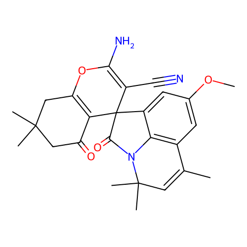 2-amino-8'-methoxy-4',4',6',7,7-pentamethyl-2',5-dioxo-5,6,7,8-tetrahydro-4'H-spiro[chromene-4,1'-pyrrolo[3,2,1-ij]quinoline]-3-carbonitrile structure