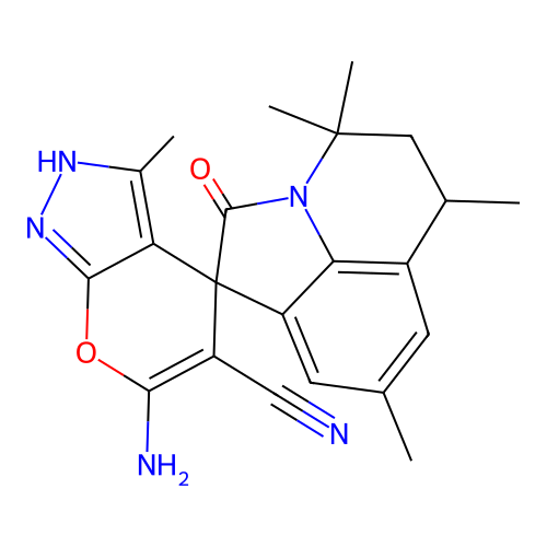 6-amino-3,4',4',6',8'-pentamethyl-2'-oxo-5',6'-dihydro-1H,4'H-spiro[pyrano[2,3-c]pyrazole-4,1'-pyrrolo[3,2,1-ij]quinoline]-5-carbonitrile structure
