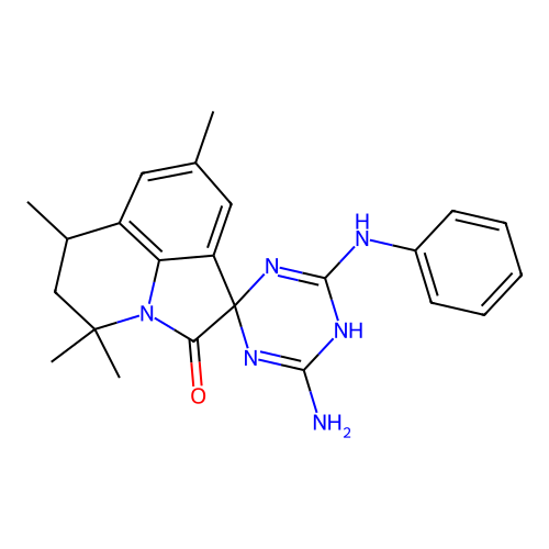 4'-amino-4,4,6,8-tetramethyl-6'-(phenylamino)-5,6-dihydro-4H,5'H-spiro[pyrrolo[3,2,1-ij]quinoline-1,2'-[1,3,5]triazin]-2-one structure