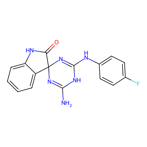 4'-amino-6'-[(4-fluorophenyl)amino]-5'H-spiro[indole-3,2'-[1,3,5]triazin]-2(1H)-one structure