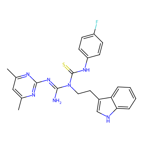 1-[N-(4,6-dimethylpyrimidin-2-yl)carbamimidoyl]-3-(4-fluorophenyl)-1-[2-(1H-indol-3-yl)ethyl]thiourea structure