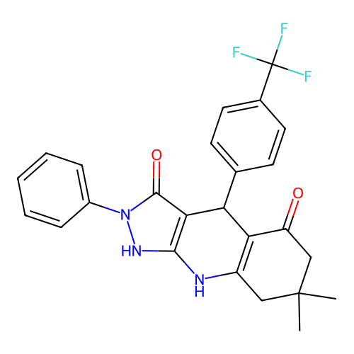 3-hydroxy-7,7-dimethyl-2-phenyl-4-[4-(trifluoromethyl)phenyl]-2,4,6,7,8,9-hexahydro-5H-pyrazolo[3,4-b]quinolin-5-one structure