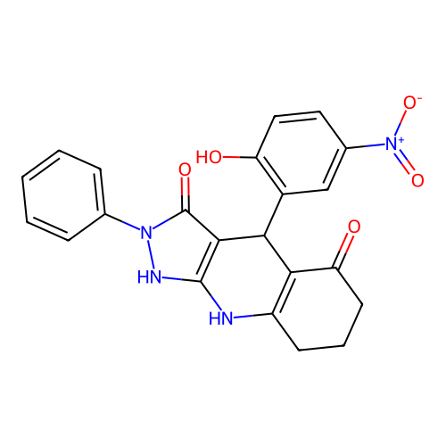 4-(2-hydroxy-5-nitrophenyl)-2-phenyl-4,7,8,9-tetrahydro-1H-pyrazolo[3,4-b]quinoline-3,5(2H,6H)-dione structure