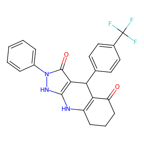 2-phenyl-4-[4-(trifluoromethyl)phenyl]-1,4,6,7,8,9-hexahydropyrazolo[3,4-b]quinoline-3,5-dione structure