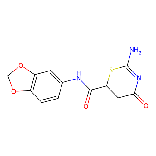 2-amino-N-(1,3-benzodioxol-5-yl)-4-oxo-5,6-dihydro-4H-1,3-thiazine-6-carboxamide structure