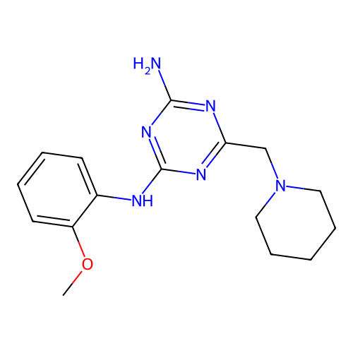 N-(2-methoxyphenyl)-6-(piperidin-1-ylmethyl)-1,3,5-triazine-2,4-diamine structure