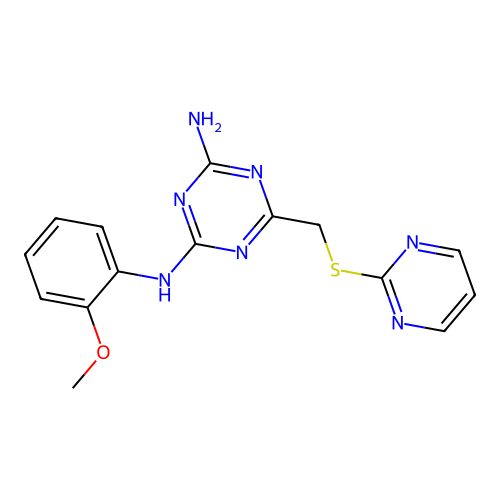 N-(2-methoxyphenyl)-6-[(2-pyrimidinylthio)methyl]-1,3,5-triazine-2,4-diamine structure